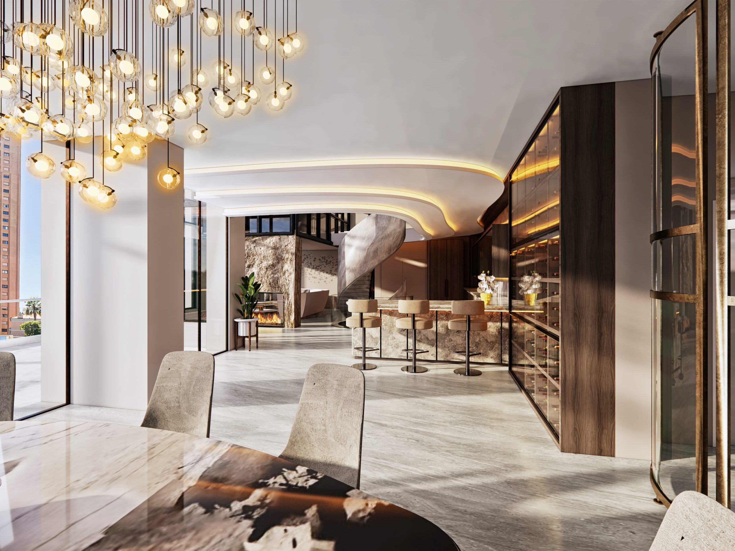 animation visualization design 3d designers living kitchen dining winestorage bungalow luxury 3d residential housing interior lighting balcony design view idea scaled